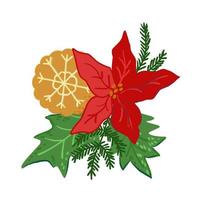 Christmas Flower holiday decorative element with cookie and green leaves, flat cartoon vector illustration isolated on white background. Xmas red Poinsettia print for cards, menu and invitations.