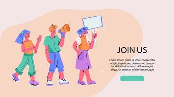 Join us header and people shouting in loud speaker and recruiting or proposing to join to business team, referral program. Advertising and announcement, cooperation offer vector banner.