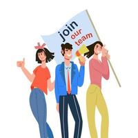 Business creative successful team, people characters holding Join our Team sign in recruiting and new employee hiring concept. Flat vector illustration isolated. Human resources search and employment.