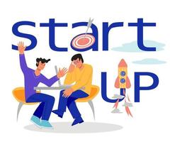 Start up banner or landing page with people, two businessmen inspired by creative successful idea, discussing development or investments strategy. Launching business project. Vector illustration.