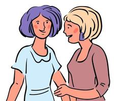 Two women or young girls talking and laughing vector illustration in doodle style isolated on white background. Friendly conversation and discussion, refer a friend and information sharing concept.