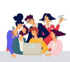 equipo creativo, personajes de dibujos animados de hombres y mujeres que trabajan juntos en un entorno de asociación amigable. trabajo en equipo, estrategia de gestión empresarial exitosa. ilustración vectorial plana aislada. vector