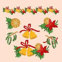 Christmas holiday decorations set with Xmas Flower and Bells Border and single elements, cartoon vector illustration isolated on background. Greeting cards and New Year design.