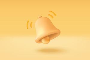 Icono de campana de notificación mínima 3d en fondo amarillo pastel. nuevo concepto de alerta para el elemento de las redes sociales. Vector de alarma de campana 3D Render aislado sobre fondo pastel