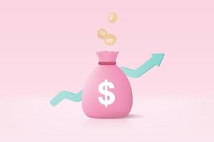 3D money bags and coin stack saving in background. Money bags growing business concept for finance, investment, online payment and payment. 3d money earning vector render isolated on pink background