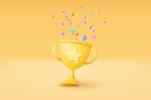 Ganadores 3d mínimos con copa dorada, estrellas ganadoras de oro con objetos flotando sobre fondo dorado. concepto de ceremonia de entrega de premios con estilo de dibujos animados. 3d vector render aislado sobre fondo amarillo pastel