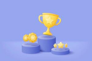 3d winners minimal with golden cup, gold winners stars on podium background. Award ceremony first and second and third concept on podium. 3d vector render isolated on blue pastel background