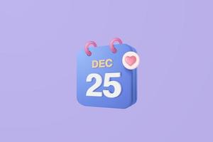 calendario 3d fecha marcada con amor. feliz día de navidad, calendario azul pastel con corazón para cita programada, día del evento, concepto de planificación de vacaciones 3d vector render fondo aislado