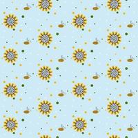 Seamless vector sunflower and bee pattern on blue background with colorful circles