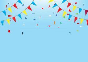 Colorful bunting flags hanging and confetti vector