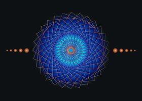 Sacred Geometry Mandala, blue flower gold meditative circle icon, geometric logo design, mystical religious wheel, Indian chakra concept, vector illustration isolated on black background