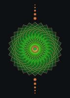 Sacred Geometry Mandala, green flower gold meditative circle icon, geometric logo design, mystical religious wheel, Indian chakra concept, vector illustration isolated on black background