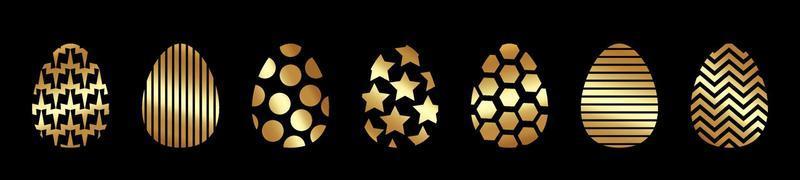 Easter egg gold icons. Golden eggs set isolated black background. Geometric design texture. Decoration Happy Easter celebration. Holiday elements pattern collection. Spring symbol Vector illustration