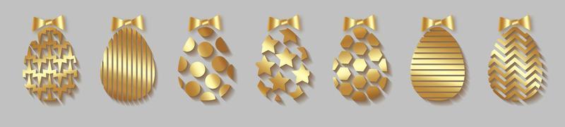 Easter egg gold icons. Golden eggs set isolated white background. Geometric design texture. Decoration Happy Easter celebration. Holiday elements pattern collection. Spring symbol Vector illustration