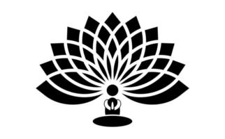 Silhouette of man sitting on a lotus flower background, Flower of Life. Sacred Geometry. Symbol of Harmony and Balance. Sign of purity. Seventh Chakra Yoga design vector isolated on white background