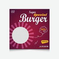 Super Special Burger Food Menu Social Media Post template, Fast food Social Media Template For Restaurant. vector
