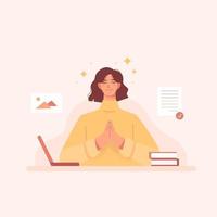 chica guapa relajada meditando después de trabajar o estudiar en diseño plano vector