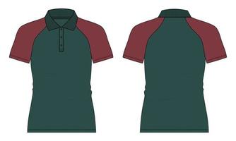 Two tone Red and Green color Short Sleeve Raglan Polo Shirt Technical Fashion flat sketch Vector illustration template front and back views.