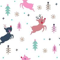 Seamless Vector pattern with cute deer, trees, and landscape elements Isolated on white background. Hand drawn vector illustration. Use for Background, fabric, and others.