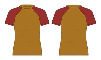 dos tonos de color amarillo y rojo de manga corta raglan slim fit camiseta técnica general croquis plano vector ilustración plantilla vista frontal y posterior.