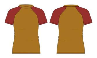 Two tone Yellow and red Color Short Sleeve raglan Slim fit T-Shirt Overall Technical flat sketch vector illustration Template front and back view.