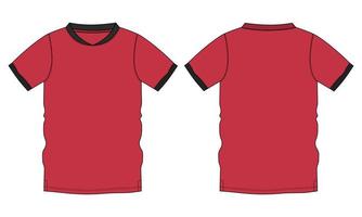 camiseta de manga corta raglán moda técnica boceto plano ilustración vectorial plantilla de color rojo vistas frontal y posterior. vector