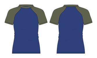 Two tone blue and green Color Short Sleeve raglan Slim fit T-Shirt Overall Technical flat sketch vector illustration Template front and back view.