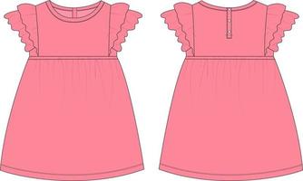 las niñas se visten con diseño técnico de boceto plano ilustración vectorial plantilla de color púrpura. prendas de vestir se burlan de las vistas delantera y trasera aisladas en fondo blanco. vector