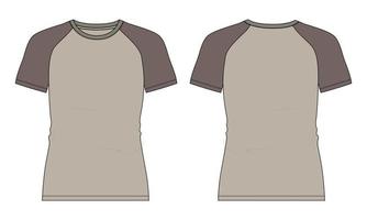 Two tone Khaki color Slim fit Short  Sleeve raglan T shirt Technical Fashion flat sketch Vector Illustration template Front and back views isolated on white background.