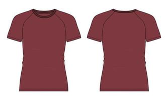 Slim fit Short  Sleeve raglan T shirt Technical Fashion flat sketch Vector Illustration Red Color template Front and back views isolated on white background.