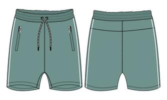 Short pants Flat sketch vector illustration Green color  template isolated on white background.