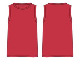 tank tops moda técnica boceto plano ilustración vectorial plantilla de color rojo vistas frontal y posterior. camisetas sin mangas de ropa simuladas para hombres y niños. vector