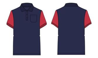 Two tone Navy and red Color Short sleeve polo shirt Technical fashion flat sketch vector illustration template Front and back views. Apparel Design Mock up. Easy edit and customizable