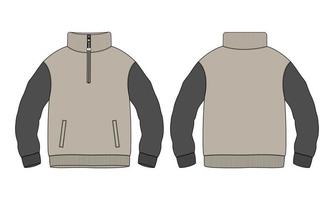 Two tone khaki color Cotton jersey fleece jacket Sweatshirt technical fashion Flat sketch Vector illustration template Front and back views. Flat apparel Sweater Jacket mock up Isolated on White