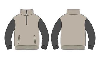 Dos tonos de color caqui jersey de algodón polar chaqueta sudadera moda técnica dibujo plano vector ilustración plantilla vistas frontal y posterior. chaqueta de suéter de ropa plana maqueta aislada en blanco