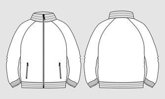 Regular fit Long sleeve with Stand Up Collar and zipper jacket Sweatshirt technical fashion flat sketch vector illustration template front back. Apparel Sweat Jacket Flat drawing vector mock up.