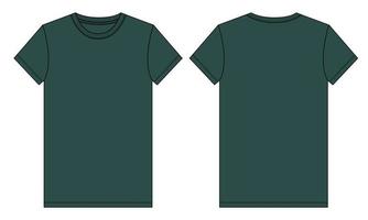 Short sleeve T shirt technical fashion Flat Sketch Green color Template. Vector illustration basic apparel design front and Back view. Easy edit and customizable.