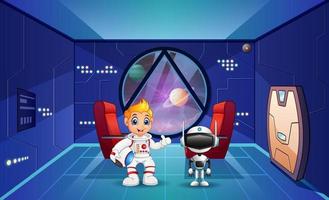 Cartoon boy wearing astronaut suit in spaceship