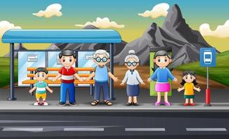 los miembros de la familia de dibujos animados esperan el transporte en la estación vector