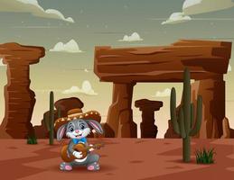 Mexican bunny playing guitar and wearing a sombrero in desert
