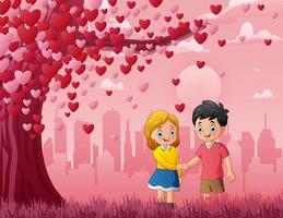 dos enamorados bajo un árbol de amor sobre fondo rosa vector