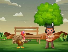 Native american indian boy and a turkey in the park vector