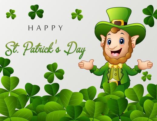 Happy St Patrick's Day greeting with leprechaun and green leaves