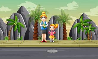 caricatura de una mujer y una niña al borde de la carretera vector