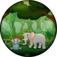 Forest scene with mother elephant and cub in circular frame vector