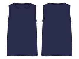 tank tops moda técnica boceto plano ilustración vectorial plantilla de color azul marino vistas frontal y posterior. camisetas sin mangas de ropa simuladas para hombres y niños.