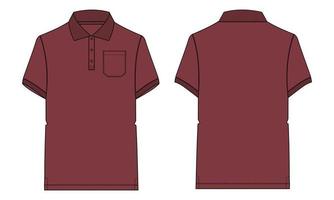 Short sleeve polo shirt Technical fashion flat sketch vector illustration Red Color template Front and back views. Apparel Design Mock up. Easy edit and customizable