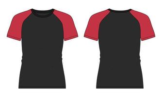 dos tonos rojo y negro color slim fit manga corta raglán camiseta moda técnica dibujo plano vector ilustración plantilla vistas frontal y trasera aisladas sobre fondo blanco.
