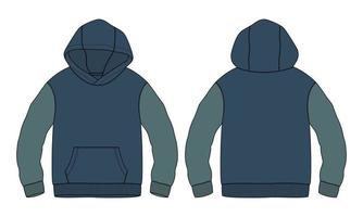 Two tone Blue and Green color long sleeve hoodie technical fashion flat sketch vector illustration template front and back views isolated on white background.