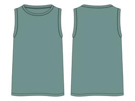 tank tops moda técnica boceto plano ilustración vectorial plantilla de color verde vistas frontal y posterior. camisetas sin mangas de ropa simuladas para hombres y niños.